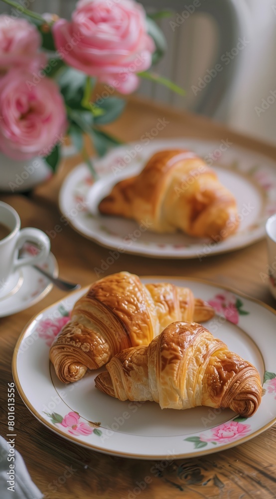 Breakfast in bed with coffee and croissants in the morning light, relaxing morning mood background in pastel colors with pink rose flowers. Vertical format design for phone wallpaper or invitation.
Breakfast in bed with coffee and croissants in the morning light, relaxing morning mood background in pastel colors with pink rose flowers. Vertical format design for phone wallpaper or invitation.