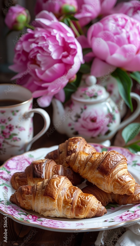 Holiday break layout with with cup of coffee and mini fresh croissants in the pink and purple colors background with vase of peony flowers. Vertical format phone wallpaper design or invitation. Holiday break layout with with cup of coffee and mini fresh croissants in the pink and purple colors background with vase of peony flowers. Vertical format phone wallpaper design or invitation.