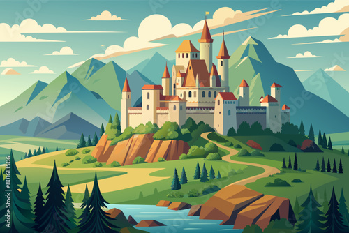 A majestic castle nestled amidst rolling hills and lush greenery, its turrets and battlements steeped in centuries of history and legend