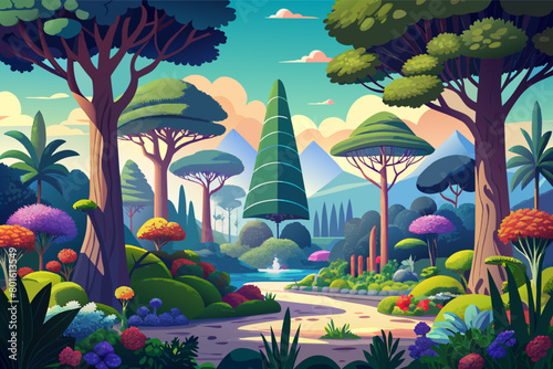 A majestic arboretum with towering trees from around the world, showcasing the diversity and beauty of different tree species in a single location