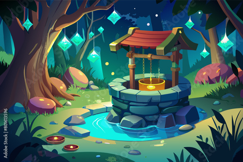 A magical wishing well tucked away in a hidden glade, with sparkling waters and shimmering coins reflecting the hopes and dreams of those who visit