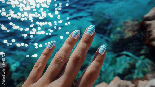 Striped marine manicure. Generative AI