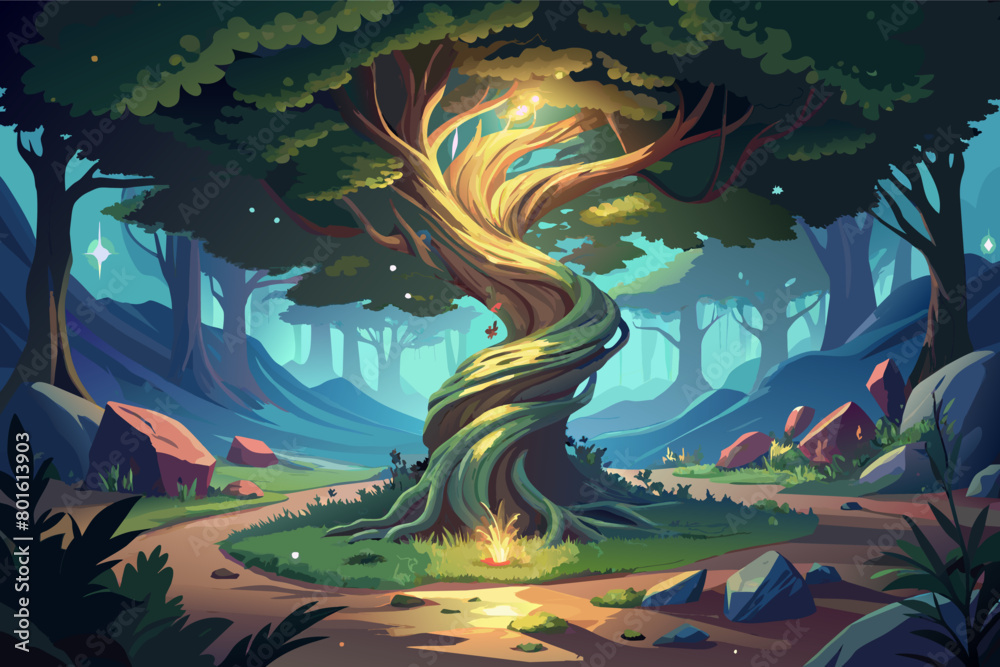 A magical forest with mystical creatures and fairies Illustration