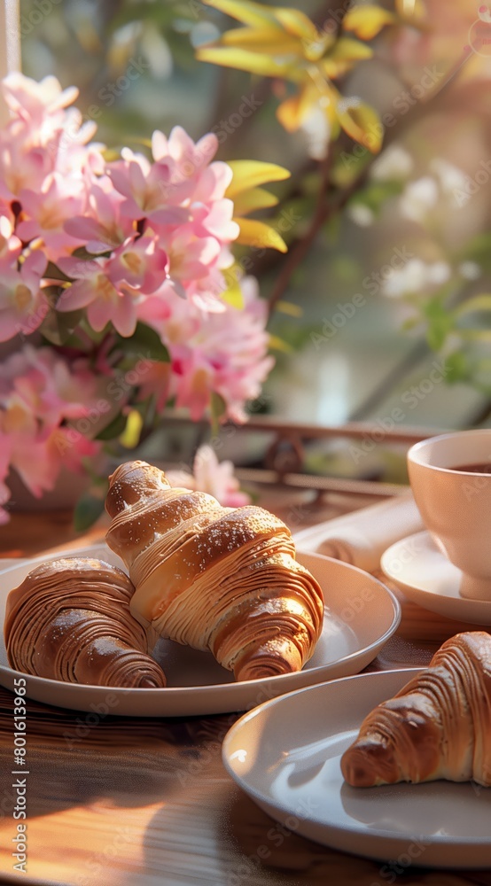 Holiday break layout with with cup of coffee and mini fresh croissants at the nature background with vase of fresh pink flowers. Vertical format phone wallpaper design or invitation with copy space. Holiday break layout with with cup of coffee and mini fresh croissants at the nature background with vase of fresh pink flowers. Vertical format phone wallpaper design or invitation with copy space.