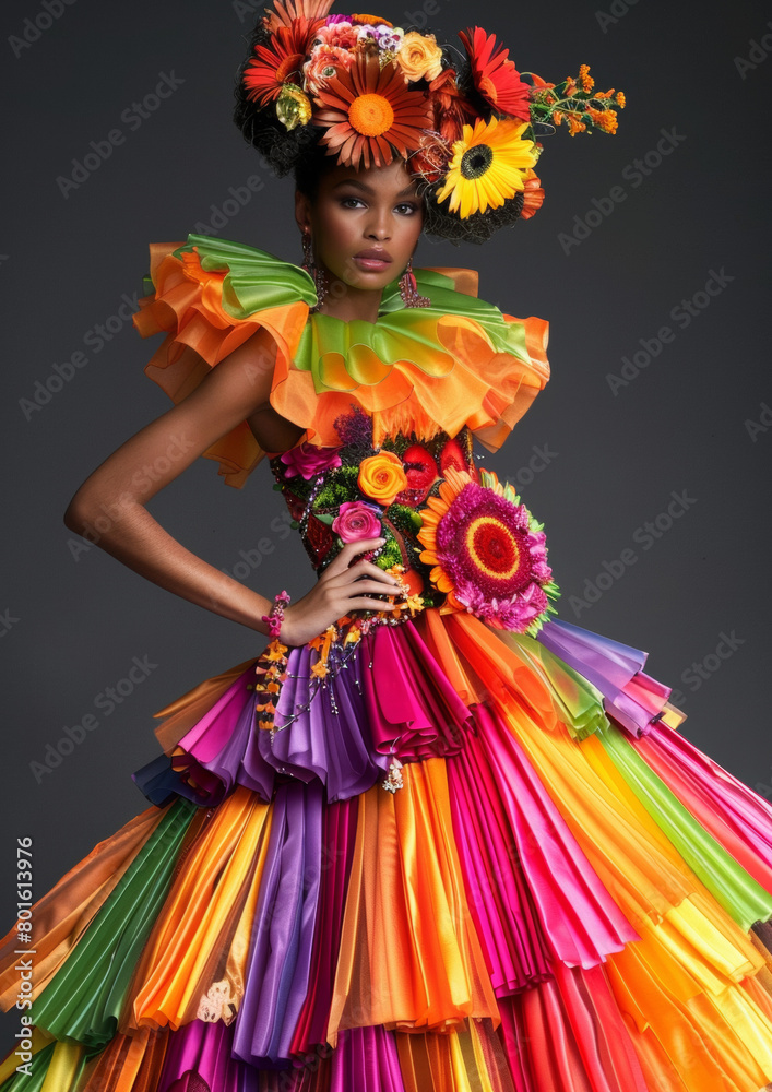 A woman in a colorful dress with flowers on her head