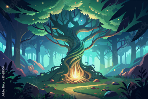 A magical forest with mystical creatures and fairies Illustration