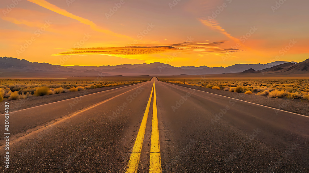 A straight road stretches into the distance, flanked by yellow dividing lines. The road appears well-maintained and devoid of any vehicles