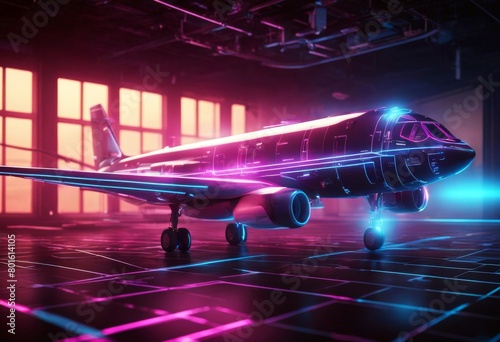 'rendering 3d aeroplane neon illustration glowing technology blueprint futuristic hologram show business premium security product finance transportation three-dimensional aerial air' photo