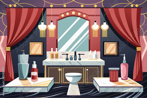 A luxurious powder room with marble countertops and designer toiletries in a highend movie theater