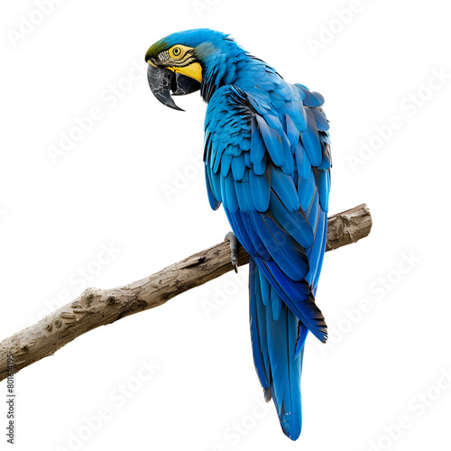 Close up photo of a blue macaw parrot standing on top of a branch, Isolated on Transparent Background, PNG photo