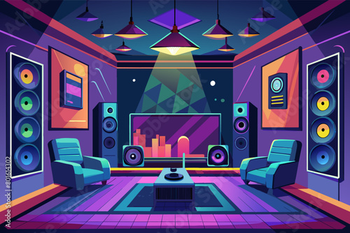 A luxurious gaming room equipped with a surround sound system and acoustic panels for an immersive audio experience