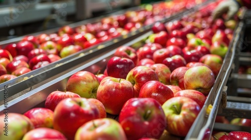 Closeup apple fruits wait in package processing in food factory. AI generated image