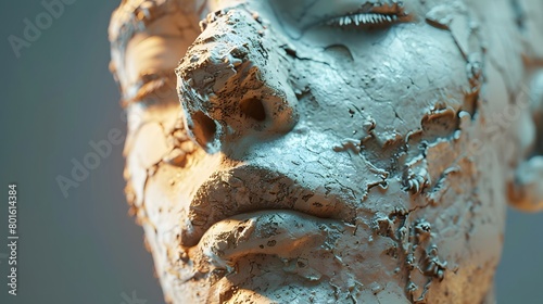 A close view of a cracked clay sculpture portraying interracial human face. © KHF