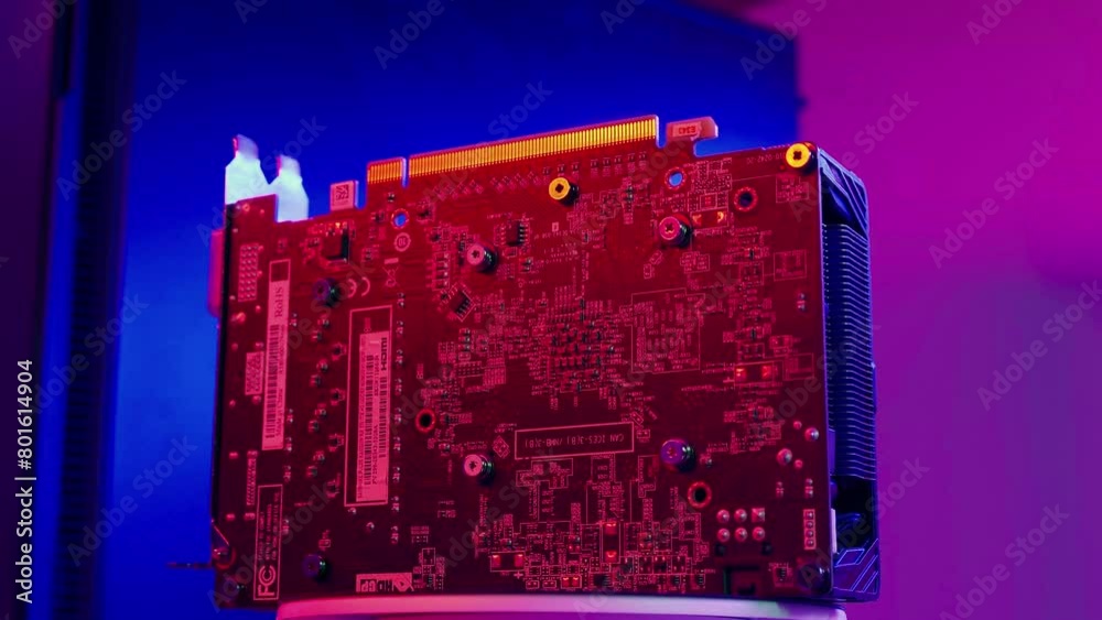Video Card GPU with fan close up with PC case on background in neon light. Rendering and gaming computer hardware components 