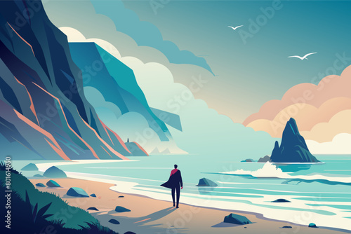 A lone figure walking along a mist-covered beach, with waves crashing against the shore and seagulls gliding through the foggy air