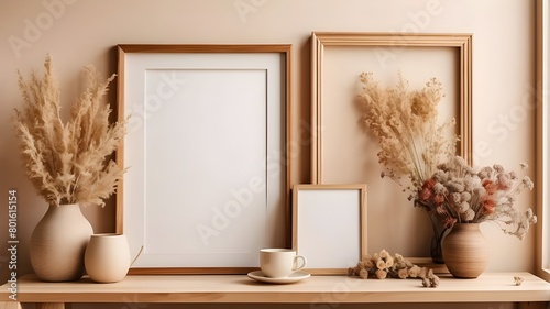A replica of an empty wooden picture frame is suspended on a beige wall. Table with dried flowers and a bohemian-shaped vase. A coffee cup. Working place, home office. artwork and poster displays. con photo
