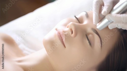 Close-up view of a facial skincare treatment, where therapist is carefully using a tool on a woman's face, portraying a sense of luxury, personal care. Anti-aging facial skin care. Laser hair removal photo