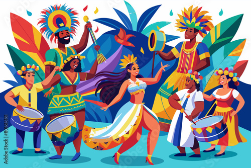 A lively samba parade with percussionists playing drums and dancers performing intricate choreography  celebrating the vibrant culture and music of Brazil