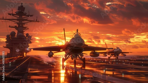 F16 fighter jets starting on an aircraft carrier at sunset created with Generative AI