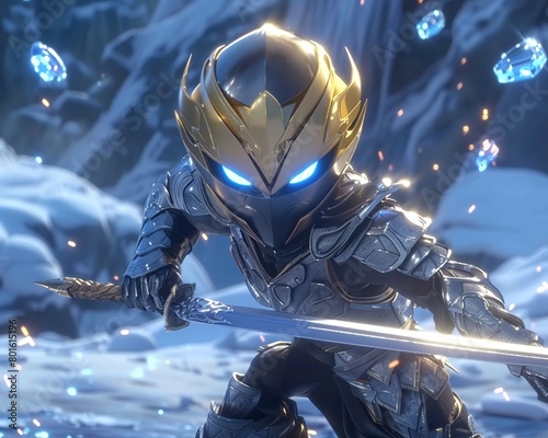 A cinematic image of a golden and black alien hunter with a sword, charging towards the camera on metallic silver ice liquid