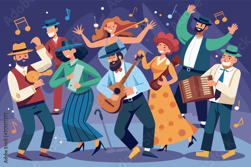 Lively street parade with musicians and dancers