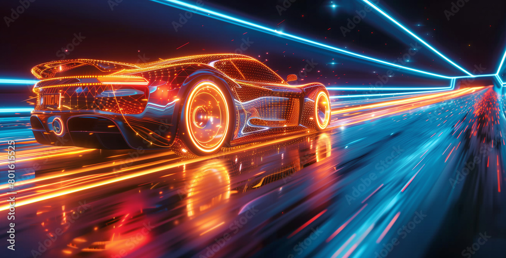 fast moving car on the road,  dynamic background of speed and motion with streaks, lines, and glowing lights