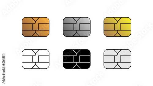 EMV gold, silver and flat chip icon for bank plastic credit or debit charge card. Vector EMV chip illustration set. photo