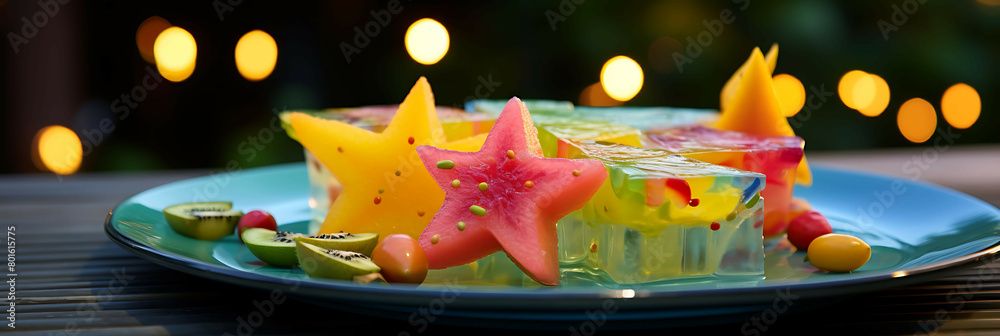 A starfruit slice placed on a colorful plate, with a few starfruit seeds nearby,