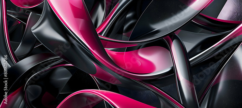 An abstract  chic wallpaper design with gentle curves intertwined with sharp geometric shapes in a dramatic black and bright pink color scheme  captured in high definition