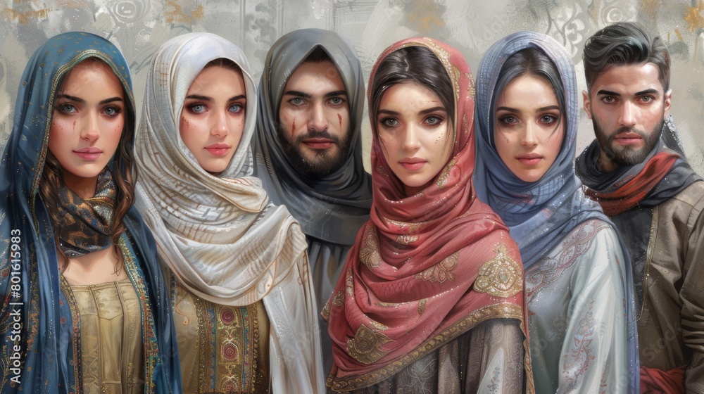 A group of people dressed in different colors and wearing head scarves, AI A group of people dressed in different colors and wearing head scarves, AI