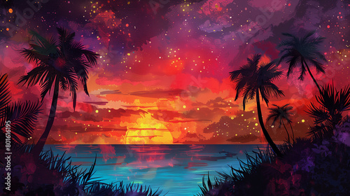 A sunset beach scene with a sky painted in deep purples and reds, palm trees silhouetted against the sky, and the ocean in sparkling turquoise, tropical illustration background, fu