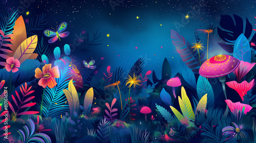 A whimsical tropical night scene with glowing fireflies, fluorescent mushrooms, and vividly colored nocturnal flowers under a starry sky, tropical illustration background, funky po © Катерина Євтехова