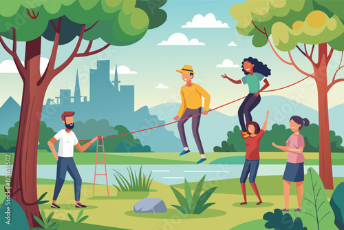 A group of friends setting up a slackline between two trees in a scenic park, balancing and practicing tricks on the taut line