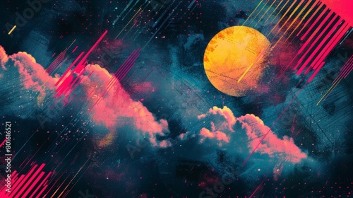 cloudy night sky will full moon vibrant futuristic background in retrowave illustration style, tropical summer inviting backdrop with grunge elements