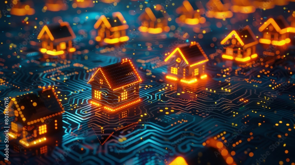 glowing light electronic houses, technology, circuit board, network, web, clean, bright, neat, modern, impressive