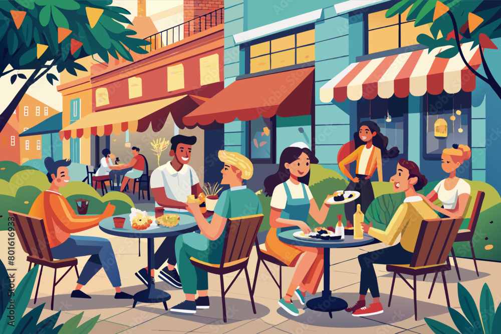 A group of friends dining al fresco at a street-side cafe, enjoying gourmet cuisine and people-watching as pedestrians pass by