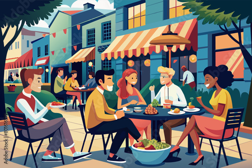 A group of friends dining al fresco at a street-side cafe  enjoying gourmet cuisine and people-watching as pedestrians pass by