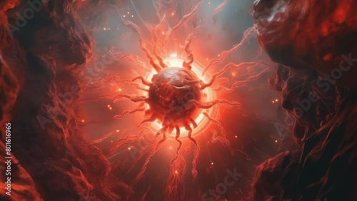 A vivid portrayal of a red, glowing spherical object at center of a dynamic, abstract representation of blood vessel system, set against a dark cosmic backdrop. Cell mutation. Microbial penetration photo