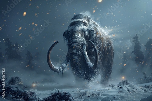 Witness the grandeur of a Woolly Mammoth standing tall against a backdrop of a frozen waterfall, its tusks gleaming in the icy light photo