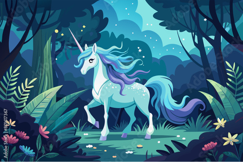 A peaceful meadow with grazing unicorns and shimmering butterflies Illustration