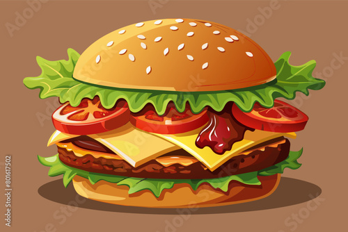 A gourmet burger piled high with juicy beef patties, melted cheese, crisp lettuce, ripe tomatoes, and savory bacon, served on a toasted bun