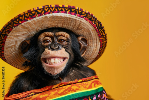 a monkey portrait wearing a sombrero hat and mexican style clothing photo