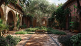 A Mediterranean-inspired courtyard, terracotta tiles, and a single olive tree, fragrant herbs lining the edges.
