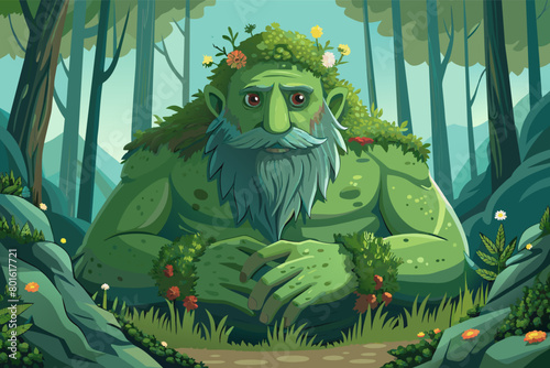 A gentle giant with moss-covered skin and eyes as deep as the ocean, tending to the ancient trees and nurturing the delicate balance of the mystical forest