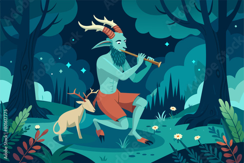 A gentle faun with the legs of a goat and the upper body of a human, playing a haunting melody on a pan flute and luring travelers deeper into the mystical forest photo