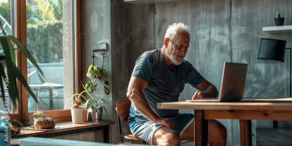Senior man sitting at kitchen with laptop surfing in internet Senior man sitting at kitchen with laptop surfing in internet