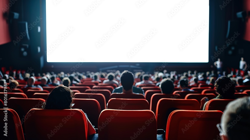 Cinema blank wide screen and people in red chairs in the cinema hall. Blurred People silhouettes watching movie performance. Cinema blank wide screen and people in red chairs in the cinema hall. Blurred People silhouettes watching movie performance.