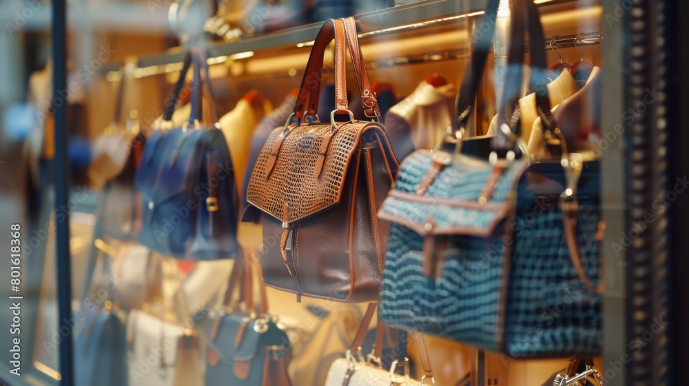 A variety of high-end designer handbags showcased behind a glass window at an upscale store.