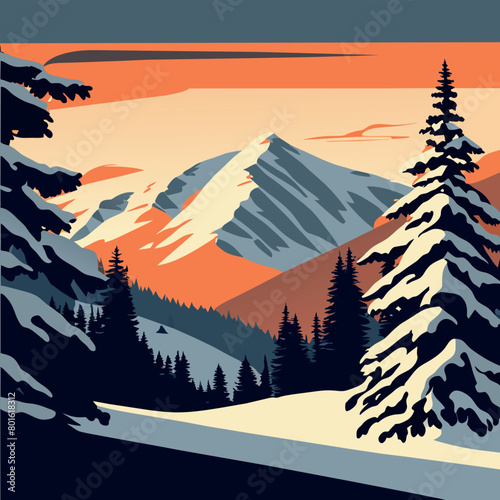 spruces silhouette and snowy mountains, vector illustration flat 2