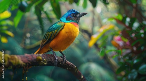 A captivating image of a colorful bird perched on a branch, its vibrant plumage a testament to the richness of life in the rainforest on World Rainforest Day. © Manzoor